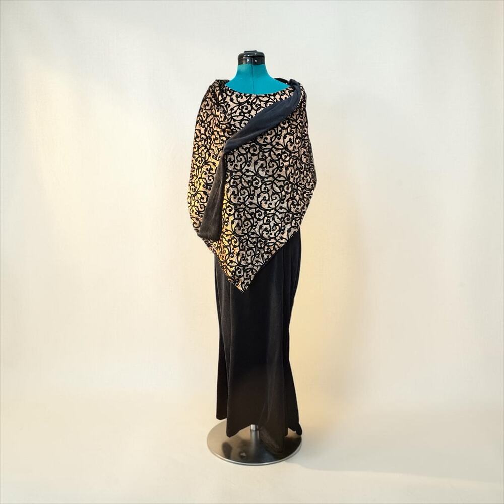 Vintage Sue Brett Black Gold Velvet Burnout Maxi Dress Shawl Glam Goth 80s Sz 18 - Picture 7 of 8